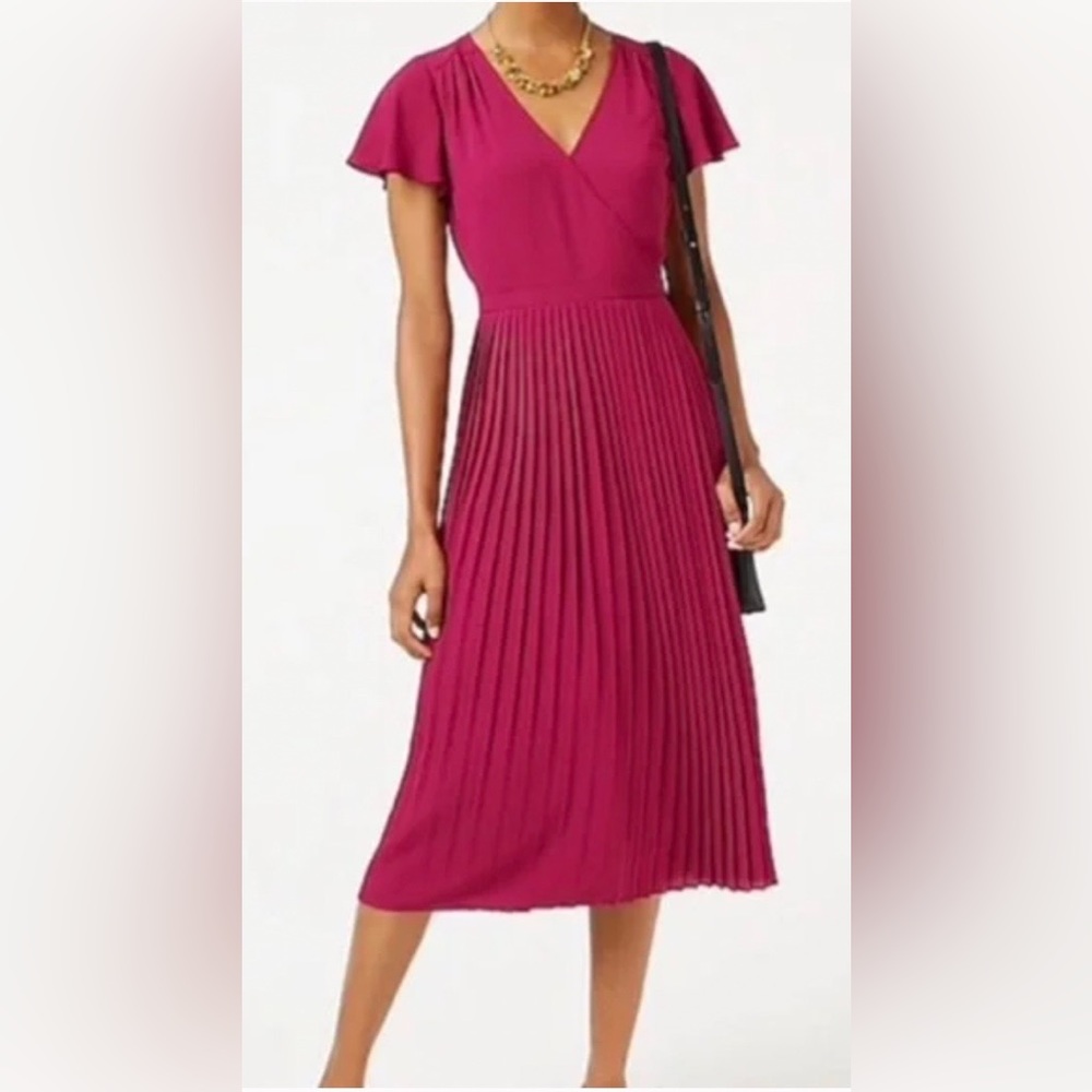 J Crew factory pleated midi wrap dress, size 4, fresh raspberry